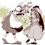  apron bat_wings closed_eyes dancing eyes_closed hand_holding happy hat height_difference holding_hands izayoi_sakuya monochrome multiple_girls nurearare onikobe_rin remilia_scarlet short_hair size_difference smile spot_color touhou wings 