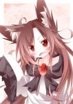  1girl animal_ears blush brooch brown_hair daidai_ookami fangs highres imaizumi_kagerou jewelry long_hair long_sleeves looking_at_viewer open_mouth red_eyes shirt slit_pupils solo touhou very_long_hair wide_sleeves wolf_ears 