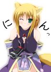  animal_ears blonde_hair breasts cleavage dog_days dog_ears dog_tail fingerless_gloves fox_ears fox_tail gloves green_eyes guatemala highres japanese_clothes large_breasts smile solo tail wink yukikaze_panettone 