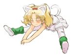  blonde_hair blush cat_ears cat_tail closed_eyes eyes_closed flexible frown highres jewelpet_(series) jewelpet_tinkle leg_warmers miria_marigold_mackenzie nyama pantyhose shoes sketch solo stretch tail twintails 