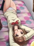  ahoge awa bare_legs bed blush bottomless bow brown_eyes brown_hair denpa_onna_to_seishun_otoko hand_on_head lying mifune_ryuuko no_pants open_mouth panties school_uniform short_hair side-tie_panties underwear upside-down white_panties 