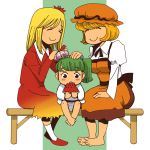  aki_minoriko aki_shizuha alternate_hairstyle barefoot blonde_hair child eating feet food fruit green_hair hair_bobbles hair_dressing hair_ornament hairdressing hand_on_head hat holding holding_fruit kisume leaf leaf_on_head multiple_girls no_nose nurearare onikobe_rin siblings sisters sitting smile touhou twins watermelon 