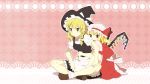  bad_id blonde_hair braid fang flandre_scarlet hat highres kirisame_marisa loafers long_hair multiple_girls open_mouth pumpkinpan red_eyes shoes short_hair sitting smile touhou wings witch witch_hat yellow_eyes 
