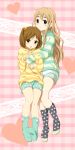  blonde_hair blue_eyes brown_eyes brown_hair casual extra feet footwear hair_bobbles hair_ornament k-on! kinoshita_shizuka kotobuki_tsumugi long_hair polka_dot polka_dot_legwear shian_(my_lonly_life.) short_hair side_ponytail socks striped striped_sweater sweater 