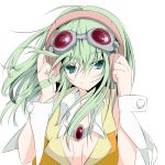  atuuy face goggles goggles_on_head green_eyes green_hair gumi hands hands_on_headphones headphones highres portrait short_hair simple_background smile solo sukage vocaloid wrist_cuffs 