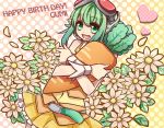  carrot flower goggles goggles_on_head green_eyes green_hair gumi mojisuke open_mouth short_hair smile solo vocaloid wrist_cuffs 