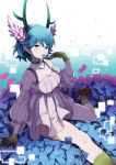  bare_shoulders blue_door blue_hair c_(control) c_the_money_of_soul_and_possibility_control choker detached_sleeves dress eating gloves green_eyes hair_ornament head_wings highres horns midas_money pointy_ears q_(control) red_eyes short_hair sitting solo tongue 