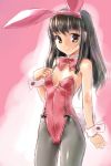  bangs bare_shoulders black_hair black_legwear blunt_bangs bowtie brown_eyes bunny_ears bunnysuit detached_collar katahira_masashi long_hair neck_ribbon original pantyhose ribbon rough sketch smile solo wrist_cuffs 