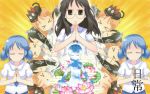  aioi_yuuko black_hair blue_hair brown_hair buddhism cat child egasumi flower glasses hair_cubes hair_ornament hakase_(nichijou) highres lotus maid minakami_mai mudra multiple_girls naganohara_mio nichijou praying professor_shinonome s_ibane sakamoto_(nichijou) school_uniform shinonome_nano sitting sky sky_print twintails vitarka_mudra 