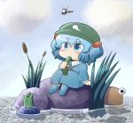  blue_hair blush chibi cloud clouds cucumber dragonfly eating eyes frog hair_bobbles hair_ornament hat kawashiro_nitori key looking_up nura_(oaaaaaa) pyonta sitting slit_pupils touhou twintails water 