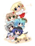  &gt;_&lt; :d animal_ears blonde_hair blue_eyes blue_hair blush braid brown_eyes brown_hair cat_ears chibi fang green_eyes grey_hair gun hair_ribbon hairband hat highres japanese_clothes koyomi_(shinshia) miko multiple_girls open_mouth original outstretched_arms raccoon_ears raccoon_tail ribbon rifle shinshia shirt silver_hair skirt smile tail tongue tongue_out tower twin_braids twintails weapon 
