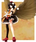  bad_id black_hair black_legwear black_wings camera geta hat highres nishi_masakazu nishimasa_hito notebook open_mouth pen pointy_ears red_eyes shameimaru_aya shirt short_hair single_thighhigh skirt smile solo tengu-geta thigh-highs thighhighs touhou wings zettai_ryouiki 