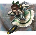  artist_request bow braid brown_hair dress fantasy_earth_zero female gauntlets gloves green_eyes hair_ribbon jewelry knight outstretched_hand pants ribbon running shoes short_hair skirt smile source_request sword weapon 