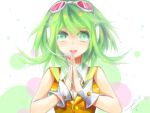  blush crying crying_with_eyes_open face goggles goggles_on_head green_eyes green_hair gumi hands headphones headset long_hair ns. open_mouth shadowfire short_hair smile solo tears vocaloid wrist_cuffs 