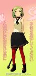  arms_behind_back ascot bad_id bare_shoulders blue_eyes blush boots choker copyright_request enami_katsumi green_hair hair_ribbon highres magical_girl open_mouth pantyhose payot pentagram print_legwear print_pantyhose red_legwear ribbon short_hair skirt sleeveless sleeveless_shirt solo standing star translation_request twintails wand 