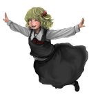  ^_^ blonde_hair blush closed_eyes eyes_closed face fang flying grin hair_ribbon highres ma_nyan_(nyao_mao_nyao) outstretched_arms ribbon rumia short_hair simple_background skirt skirt_set smile solo spread_arms the_embodiment_of_scarlet_devil touhou youkai 