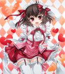  airbrush_(medium) animal_ears argyle argyle_background black_hair blush brown_hair bunny_ears carrot fang frills garter_straps heart highres inaba_tewi leaning_forward looking_at_viewer marker_(medium) millipen_(medium) open_mouth red_eyes short_hair smile solo thigh-highs thighhighs touhou traditional_media waitress waitress_uniform yuki_tsuki_sou zettai_ryouiki 