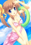  beach bikini blue_eyes blush breasts brown_hair character_request cleavage cloud clouds copyright_request dutch_angle frilled_bikini frills front-tie_top hair_ribbon innertube mizuhara_yuu ocean open_mouth pink_bikini ribbon sarong sky smile solo swimsuit twintails 