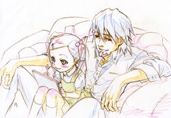  1girl age_difference child colored_pencil_(medium) drawing father_and_daughter hair_bobbles hair_ornament kaburagi_kaede kaburagi_t_kotetsu long_hair nishida_asako notebook pencil short_hair sitting sitting_on_lap sitting_on_person sketch tiger_&amp;_bunny traditional_media twintails young 