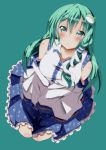  bare_shoulders blush breasts byakuya_mika detached_sleeves frog from_above green_eyes green_hair hair_ornament kochiya_sanae large_breasts long_hair looking_up simple_background solo taut_shirt touhou v_arms 