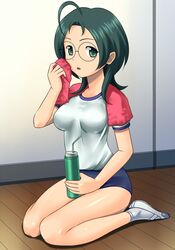  buruma glasses green_eyes green_hair gym_uniform idolmaster idolmaster_dearly_stars muhi11234 okamoto_manami shoes short_hair sitting towel uwabaki wariza water_bottle 