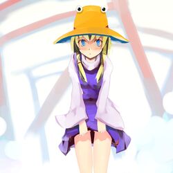  blonde_hair blue_eyes blush dress dress_lift hair_ribbon hat long_hair moriya_suwako ribbon short_hair solo standing tatwuku touhou 