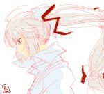 bad_id face floating_hair fujiwara_no_mokou long_hair ponytail shirt signature simple_background sketch solo tora_jun touhou white_shirt 