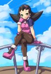  boots crossed_legs earrings gloves green_eyes hips jewelry legs_crossed nekomamire pantyhose rockman rockman_dash sitting smile solo thick_thighs thighs tron_bonne wide_hips 