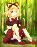  1girl blonde_hair bloomers blue_eyes blush bow doll dress hair_ribbon highres medicine_melancholy open_mouth ribbon short_hair sitting solo touhou uranaishi_(miraura) 