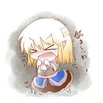  &gt;_&lt; ascot belt blonde_hair blush chibi closed_eyes dekasudachin dress eyes_closed fang hands_on_own_chest hands_to_chest mizuhashi_parsee multicolored_dress necktie open_mouth pointy_ears solo tears touhou translated translation_request trembling 