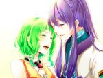  green_hair gumi kamui_gakupo ponytail purple_hair shiduki short_hair simple_background smile vocaloid 