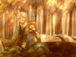  1girl animal_ears apple blanket brown_hair cloak closed_eyes craft_lawrence eating eyes_closed food forest fruit height_difference holo horo jacket light_smile nature noena reins riding sitting spice_and_wolf sunbeam sunlight white_hair wolf_ears 