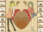  beret blonde_hair blue_eyes bow chocolate coffee glasses green_eyes gumi heart kagamine_rin muffin neck_ribbon pantyhose shoes shorts suspenders vocaloid 