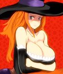  1girl alternate_eye_color bare_shoulders blue_eyes breasts cleavage detached_sleeves dragon&#039;s_crown dress eyebrows eyelashes hat huge_breasts imakaeru large_breasts lipstick long_hair no_nose orange_hair solo sorceress_(dragon&#039;s_crown) strapless_dress witch_hat 