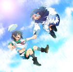  :d ascot black_hair blue_eyes boots cloud clouds dress fangs green_eyes hand_holding hat highres holding_hands hood kumoi_ichirin lavender_hair midriff multiple_girls murasa_minamitsu navel open_mouth pointy_ears rex_k sailor sailor_hat short_hair short_sleeves shorts sky smile thigh-highs thighhighs touhou 