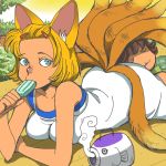  :3 alternate_costume alternate_hairstyle animal_ears ass_pillow blonde_hair breast_rest breasts butt_pillow chen collarbone forehead fox fox_ears fox_tail hair_ornament hair_up hairclip head_on_butt looking_at_viewer lying multiple_girls multiple_tails no_hat no_headwear no_nose nurearare on_stomach onikobe_rin outdoors popsicle short_hair sleeping tail touhou yakumo_ran 
