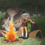  boar campfire eating fire food forest katana konpaku_youmu meat nature night nurearare onikobe_rin sitting solo sword touhou weapon 