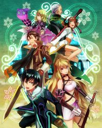  3girls absurdres ahoge alvin_(tales_of_xillia) bike_shorts black_hair blonde_hair bow braid brown_eyes brown_hair coat collar cravat creature dress elise_lutas elise_lutus flower frills gradient gradient_background green_background green_eyes grey_hair hairband hand_in_pocket happy highres jacket jude_mathis leia_roland long_hair midriff milla_maxwell multiple_boys multiple_girls navel pants ponytail red_eyes ribbon rowen_j._ilbert shion_(kizuro) shoes short_hair skirt smile sword tales_of_(series) tales_of_xillia tipo_(xillia) tippo tubetop wand weapon yellow_background yellow_eyes 