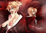  bandage blonde_hair blood blood_on_face blue_eyes brother_and_sister earrings hair_ornament jewelry kagamine_len kagamine_rin lancha licking no_pupils ribbon short_hair siblings sword twins vocaloid weapon 