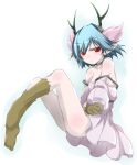  ass bare_shoulders blue_hair bob_cut c_(control) c_the_money_of_soul_and_possibility_control dress monster_girl q_(control) red_eyes short_hair strap_slip yumesato_makura 