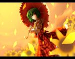  ascot dress flower green_hair highres kazami_yuuka letterboxed mog_(artist) red_eyes sky solo sunflower touhou umbrella youkai 