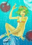  bad_id bikini blue_eyes cherry food fruit goggles green_hair gumi high_heels highres ice nail_polish open_mouth shoes solo swimsuit tcb underwater vocaloid wink 