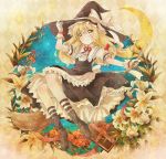  argyle argyle_background blonde_hair blush book bow braid broom crescent_moon dress floral_background flower frills gloves hair_bow hand_on_hat hat hat_bow kirisame_marisa lily_(flower) long_hair michii_yuuki moon night night_sky plant red_rose ribbon rose single_braid sky socks solo star striped striped_legwear striped_socks touhou vines witch witch_hat wrist_cuffs yellow_eyes 