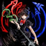  ahoge bad_id black_hair bow hima_(mizu_ni_tsuyoi) himajin_tohakagiranai houjuu_nue polearm red_eyes short_hair snake solo spear touhou trident weapon wings 