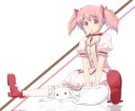  1girl bow cccpo kaname_madoka kyubey magical_girl mahou_shoujo_madoka_magica pink_eyes pink_hair puffy_sleeves short_twintails sitting skirt twintails 