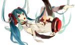  aqua_hair barefoot bridal_gauntlets elbow_gloves gloves hatsune_miku hatsune_miku_(append) long_hair loo miku_append open_mouth red_eyes solo toeless_socks twintails very_long_hair vocaloid vocaloid_append 
