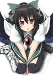  black_hair black_legwear from_above kakurenbo. long_hair looking_at_viewer looking_up mismatched_footwear open_mouth red_eyes reiuji_utsuho sitting solo stare thigh-highs thighhighs touhou v_arms wariza wings 