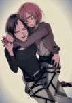  2girls bangs black_hair blonde_hair christa_renz dobu_(moor) hug jacket multiple_girls pants parted_bangs scared shingeki_no_kyojin short_hair wince ymir_(shingeki_no_kyojin) 