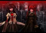  animal_ears arm_cannon black_hair blood bow braid cat_ears dress evil glowing glowing_eyes hair_bow kaenbyou_rin lastdark letterboxed long_hair multiple_girls red_eyes reiuji_utsuho skeleton teeth touhou twin_braids veil weapon 