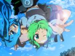  2girls bike_shorts blue_eyes blue_hair blush close clouds falling green_hair grin gumi hatsune_miku hoodie outstretched_arm skirt sky smile vocaloid wink 